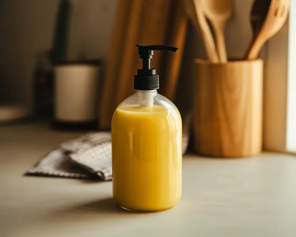 Emulsifying Olive Oil Face Cleansing Oil bottle on a bathroom counter.