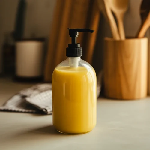 Emulsifying Olive Oil Face Cleansing Oil bottle on a bathroom counter.