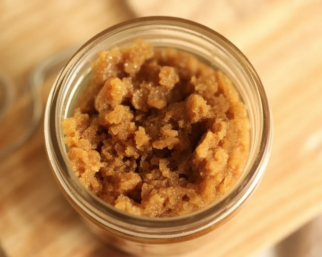 Homemade Vanilla Brown Sugar Body Scrub in a glass jar with natural ingredients.