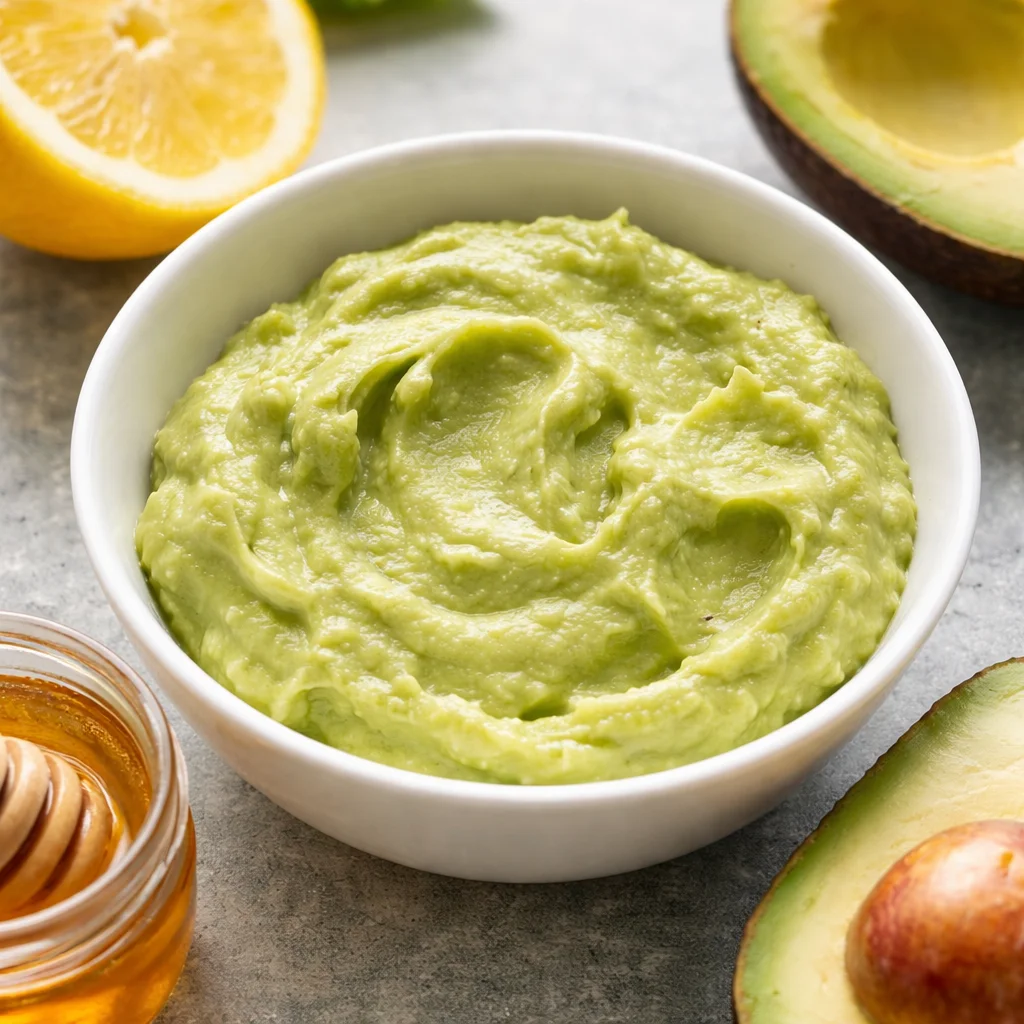 Avocado hair mask for dry hair providing nourishment and hydration.