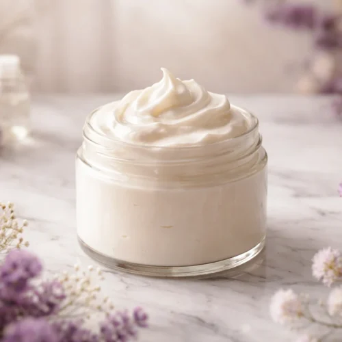 DIY body butter recipe with shea butter, coconut oil, and sweet almond oil for smooth skin.