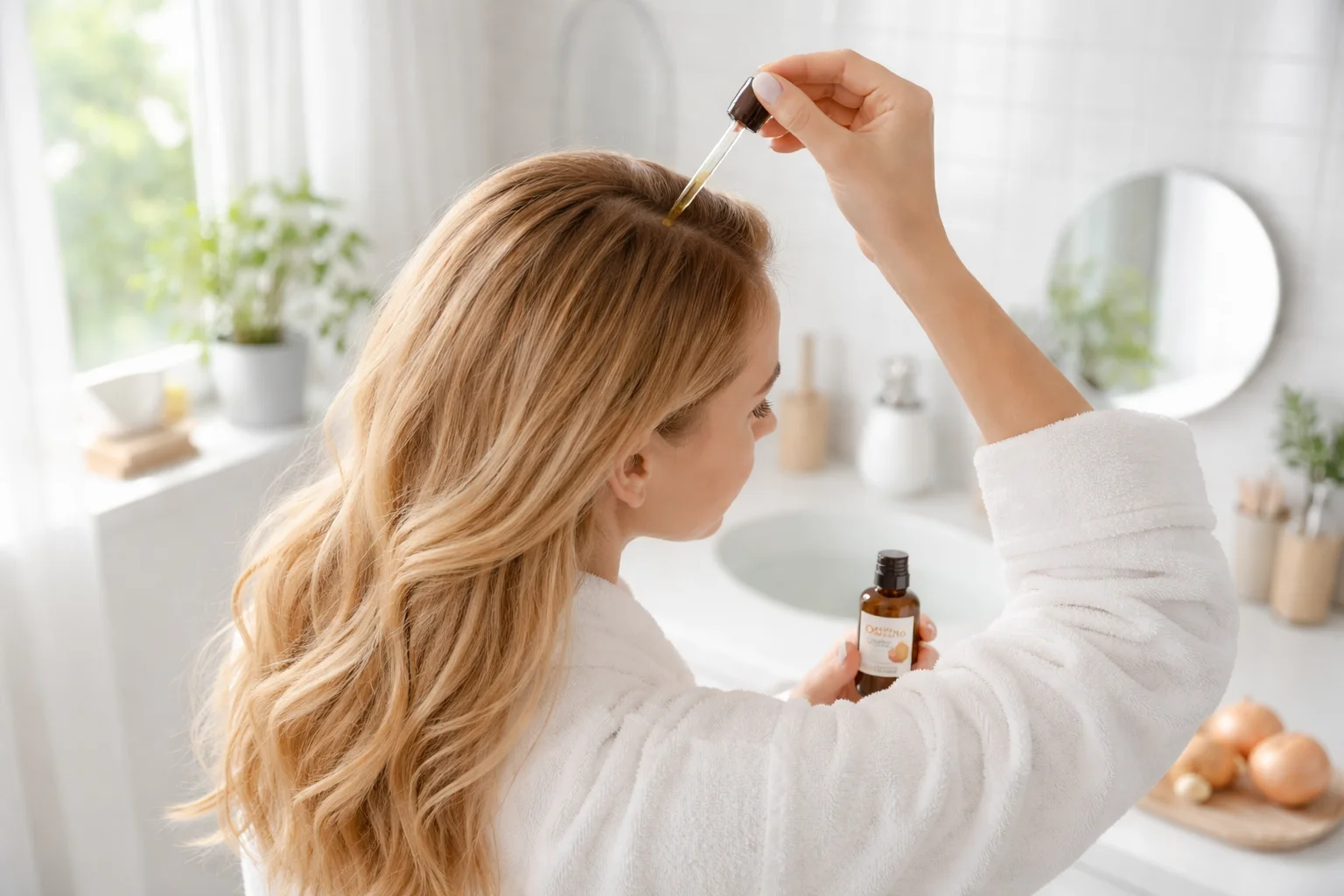 Bottle of onion juice for thinning hair treatment and hair growth solution