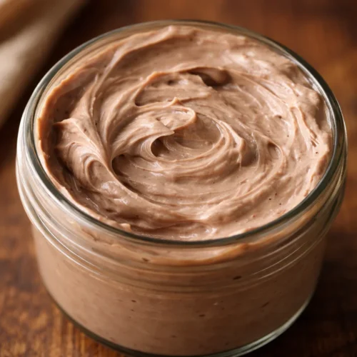 Homemade chocolate body butter in a jar with cocoa butter, coconut oil, and shea butter.