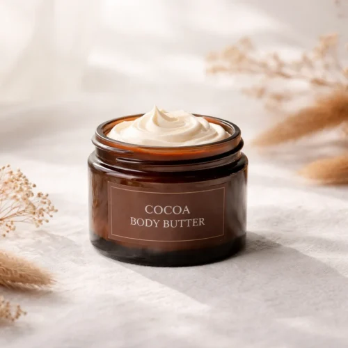 Homemade cocoa body butter recipe with coconut oil and jojoba oil for skin hydration