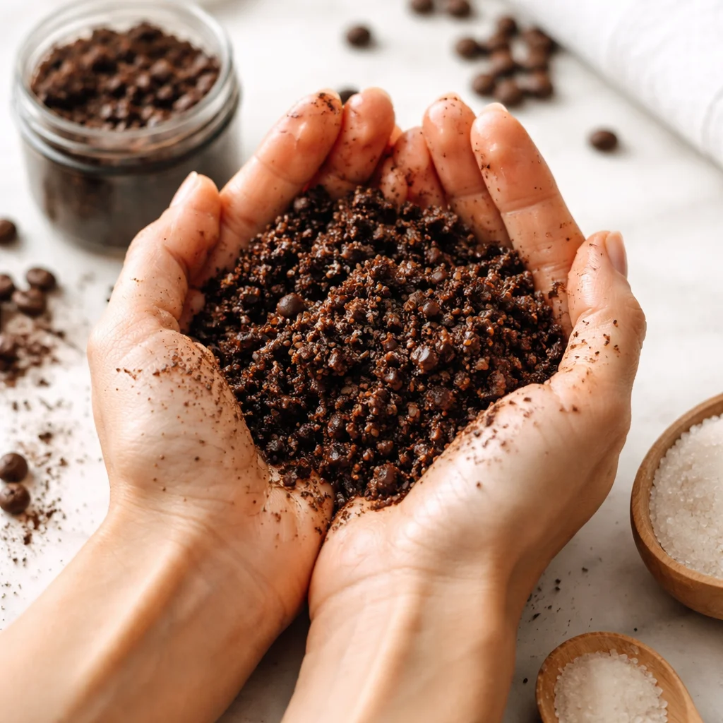 Coffee scrub cellulite treatment for firmer skin and reduced cellulite appearance.