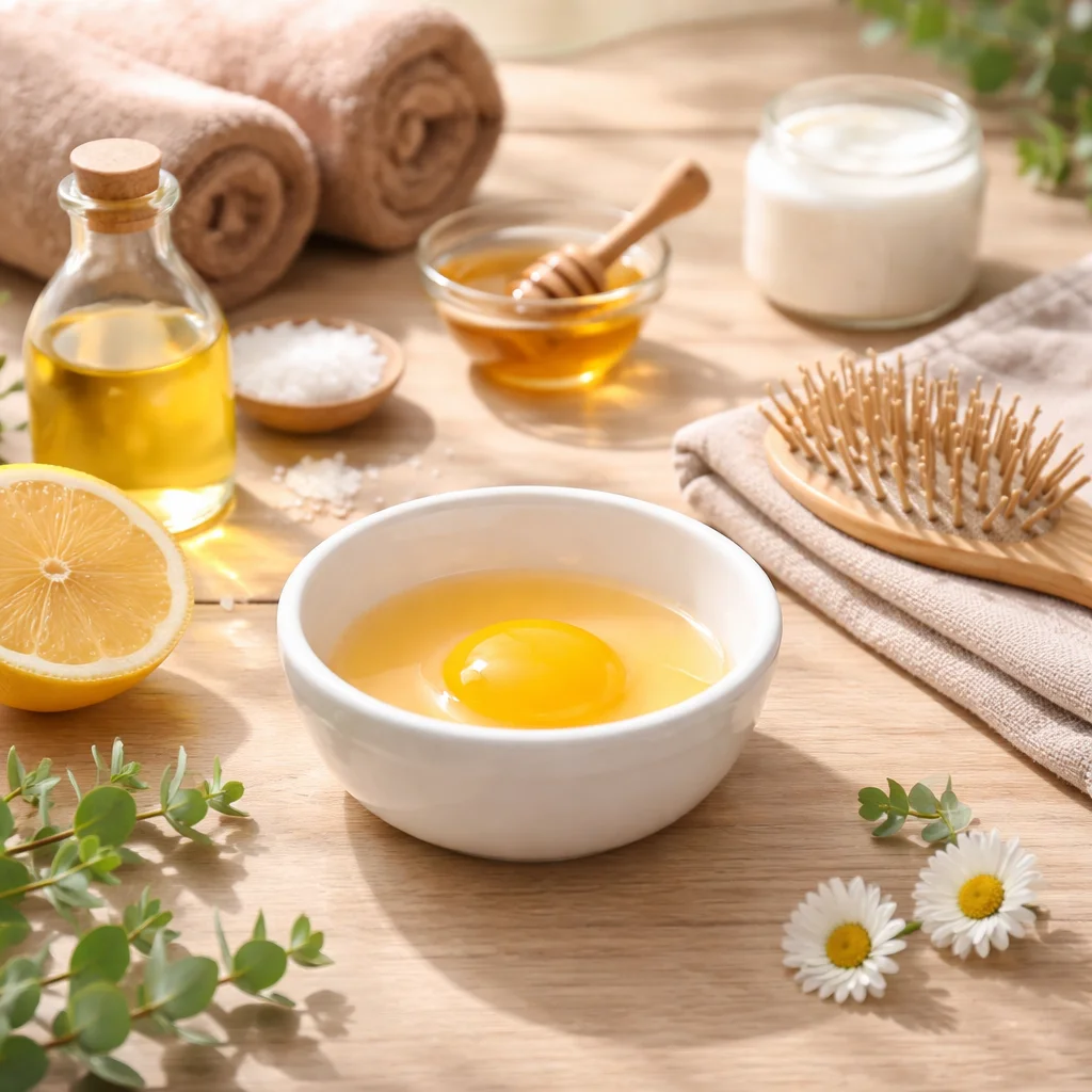 Egg Hair Mask for Thicker Fuller Hair using natural ingredients for nourishment and shine.