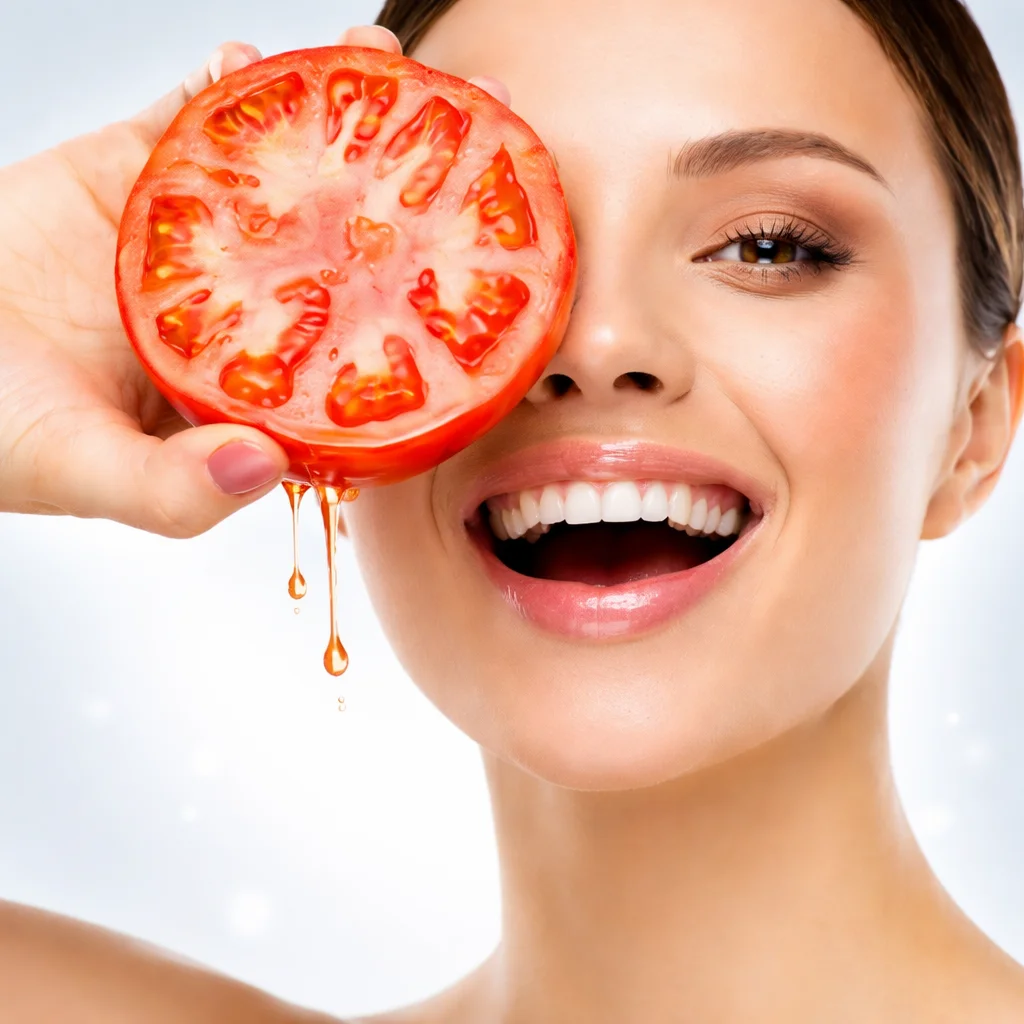 Tomato face mask for glowing skin with fresh tomatoes on a wooden table.