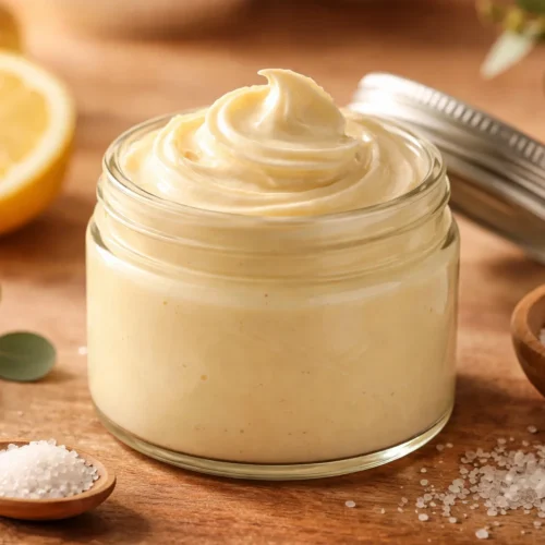 DIY magnesium body butter recipe with coconut oil and essential oils for relaxation.