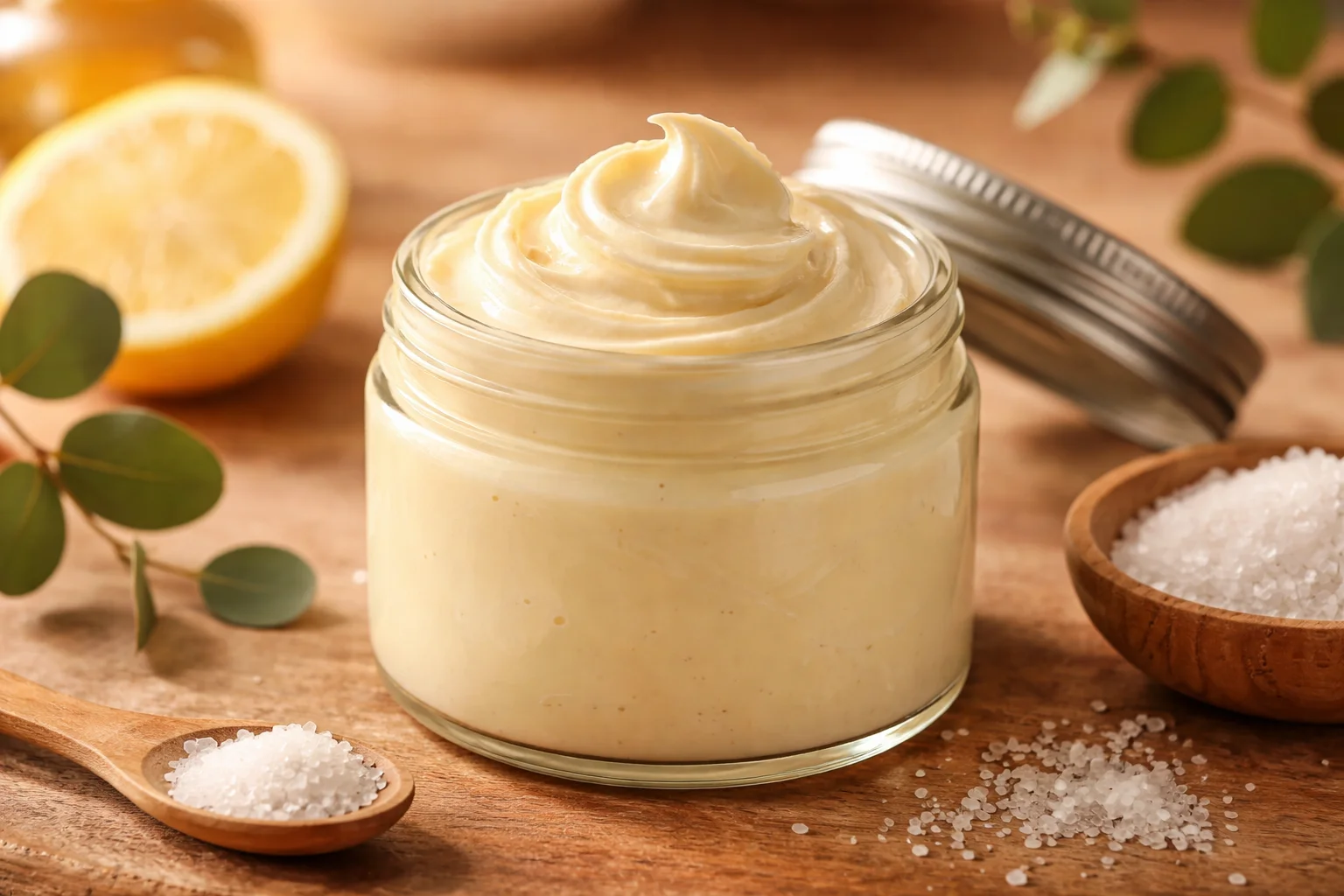 DIY magnesium body butter recipe with coconut oil and essential oils for relaxation.