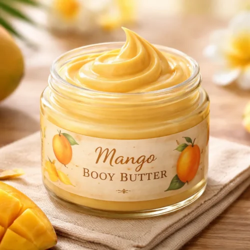 Homemade mango body butter made with organic ingredients for soft, hydrated skin.
