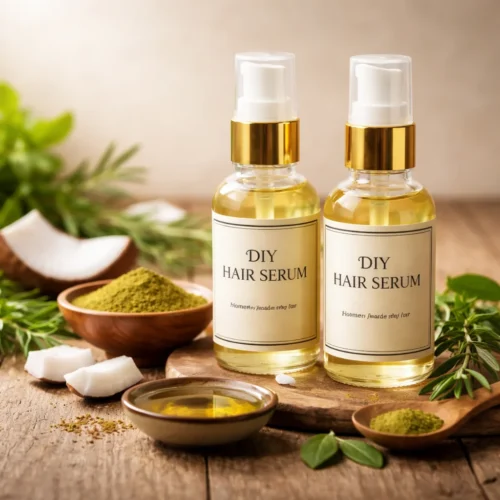 DIY hair growth serum with natural ingredients for healthy and long hair.