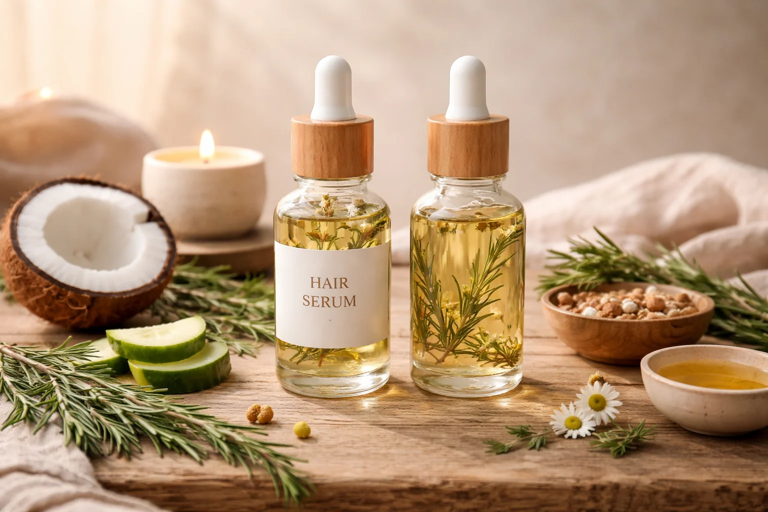 DIY hair growth serum with natural ingredients for healthy and long hair.