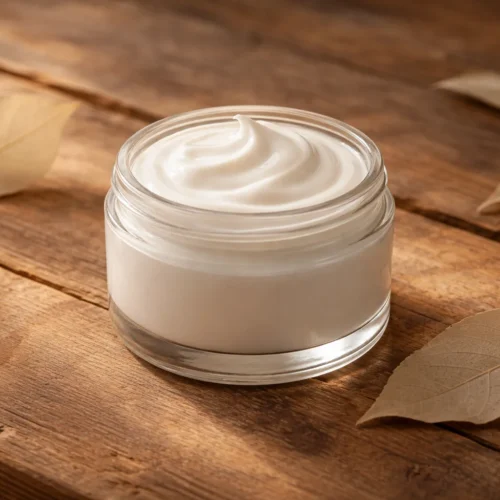 Homemade wrinkle cream ingredients including avocado oil, shea butter, and essential oils.