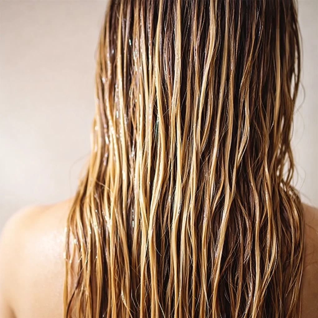Castor oil hair growth mask promoting strength and volume for healthy hair.