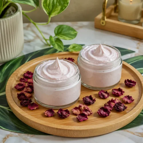 DIY non greasy whipped rose body butter with natural ingredients for smooth skin.