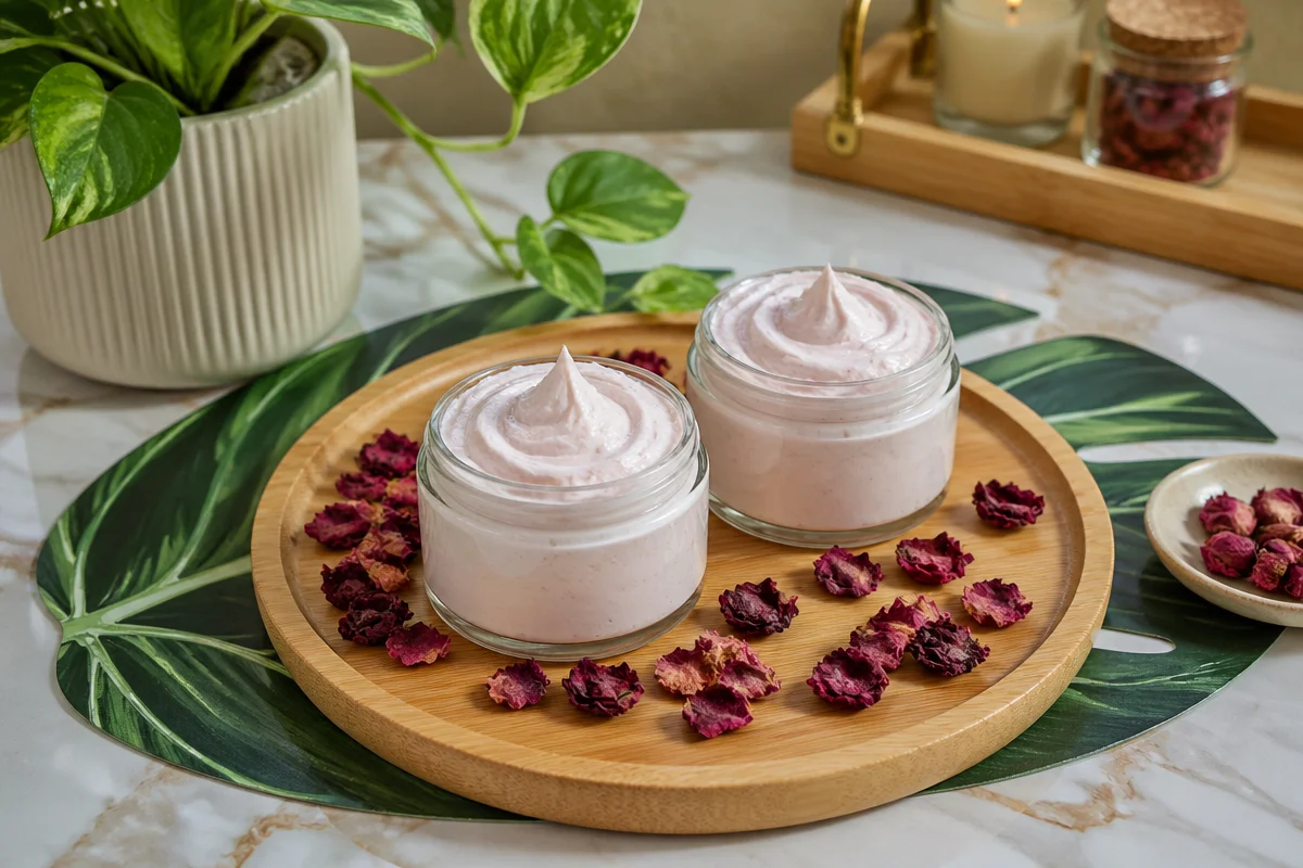 DIY non greasy whipped rose body butter with natural ingredients for smooth skin.