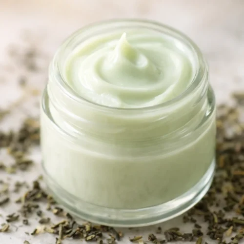Homemade DIY Green Tea Under Eye Cream for reducing wrinkles and dark circles.