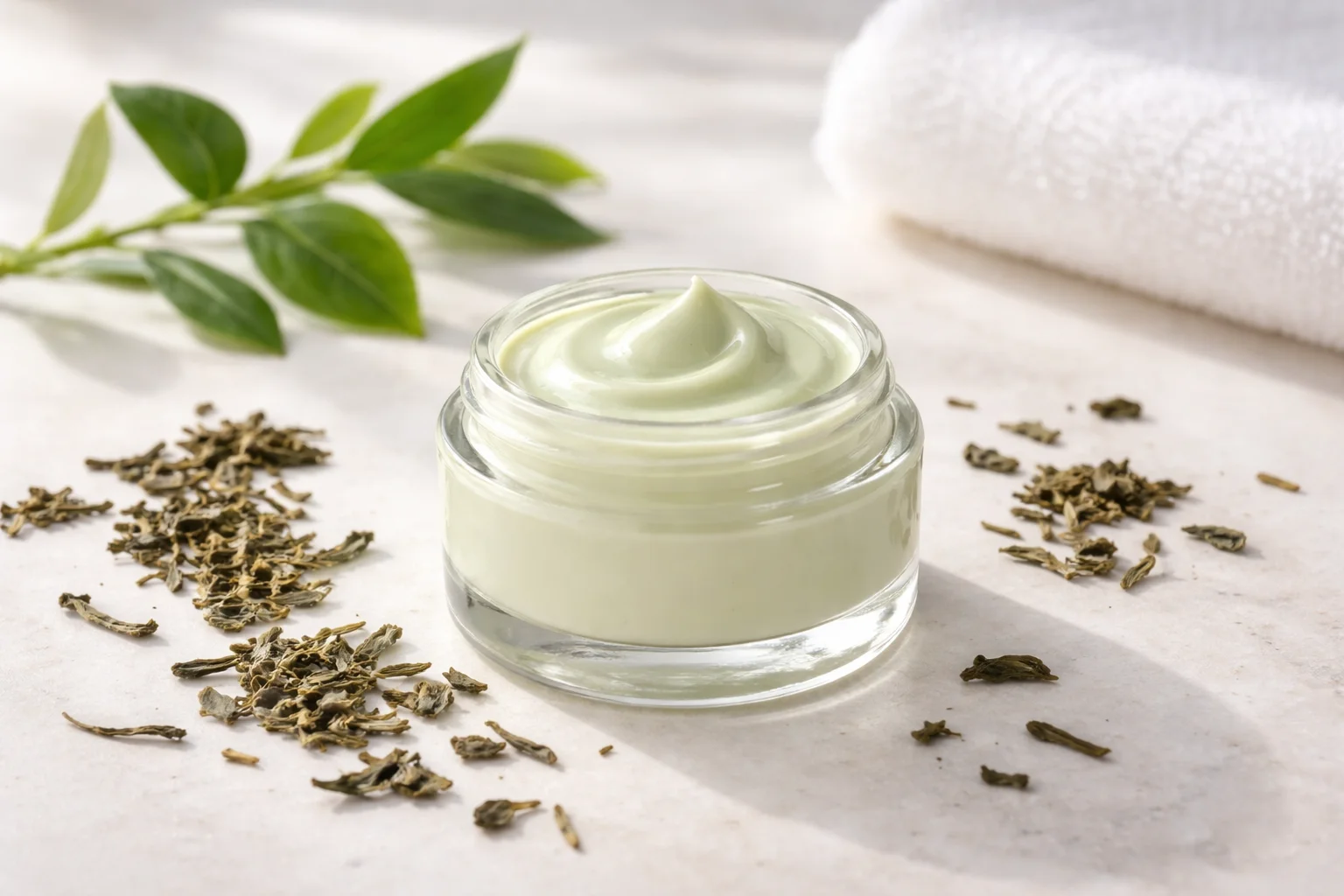 Homemade DIY Green Tea Under Eye Cream for reducing wrinkles and dark circles.