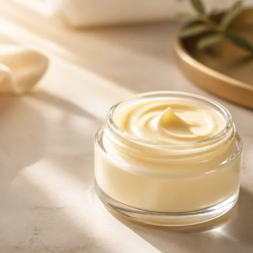 Homemade mango butter almond oil body butter in a jar, perfect for skin hydration.