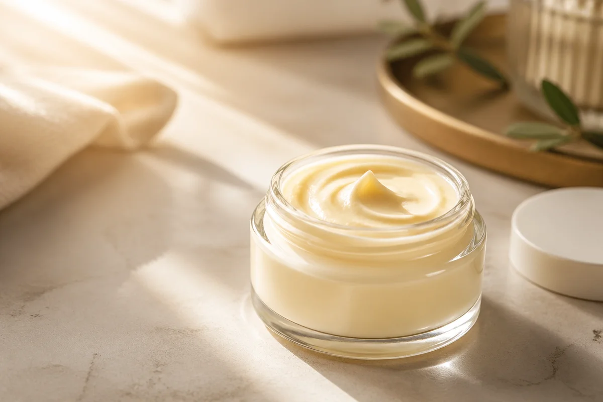Homemade mango butter almond oil body butter in a jar, perfect for skin hydration.