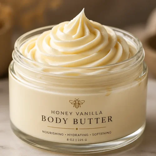 Rich and fluffy whipped vanilla honey body butter, perfect for nourishing skin.
