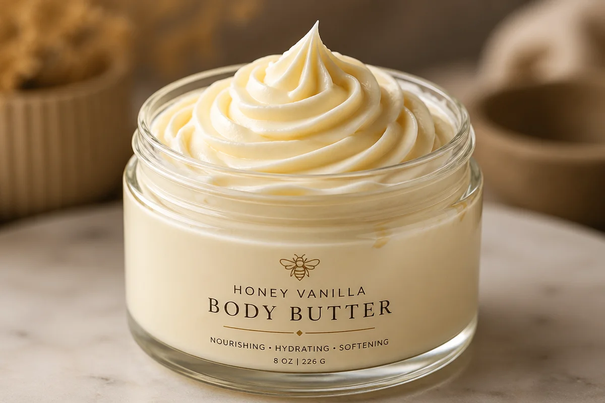 Rich and fluffy whipped vanilla honey body butter, perfect for nourishing skin.