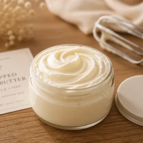 Homemade DIY lavender vanilla body butter made with shea butter and essential oils.
