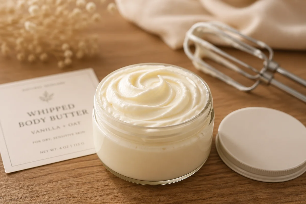 Homemade DIY lavender vanilla body butter made with shea butter and essential oils.
