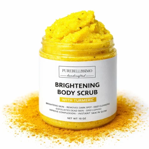 Turmeric body scrub for brightening skin with natural exfoliating ingredients.