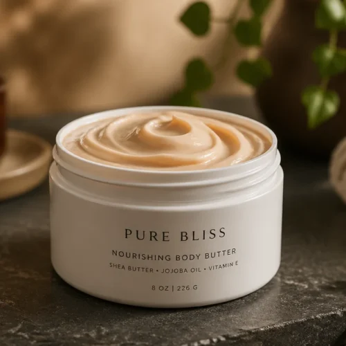 Vanilla and jojoba oil body butter for deep hydration and soft skin.