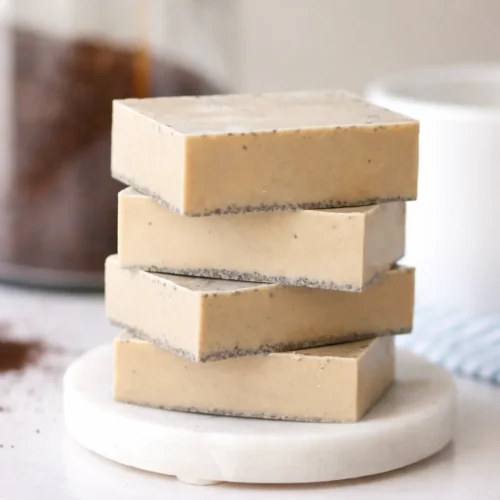 DIY coffee melt and pour soap using coffee grounds and vanilla extract.